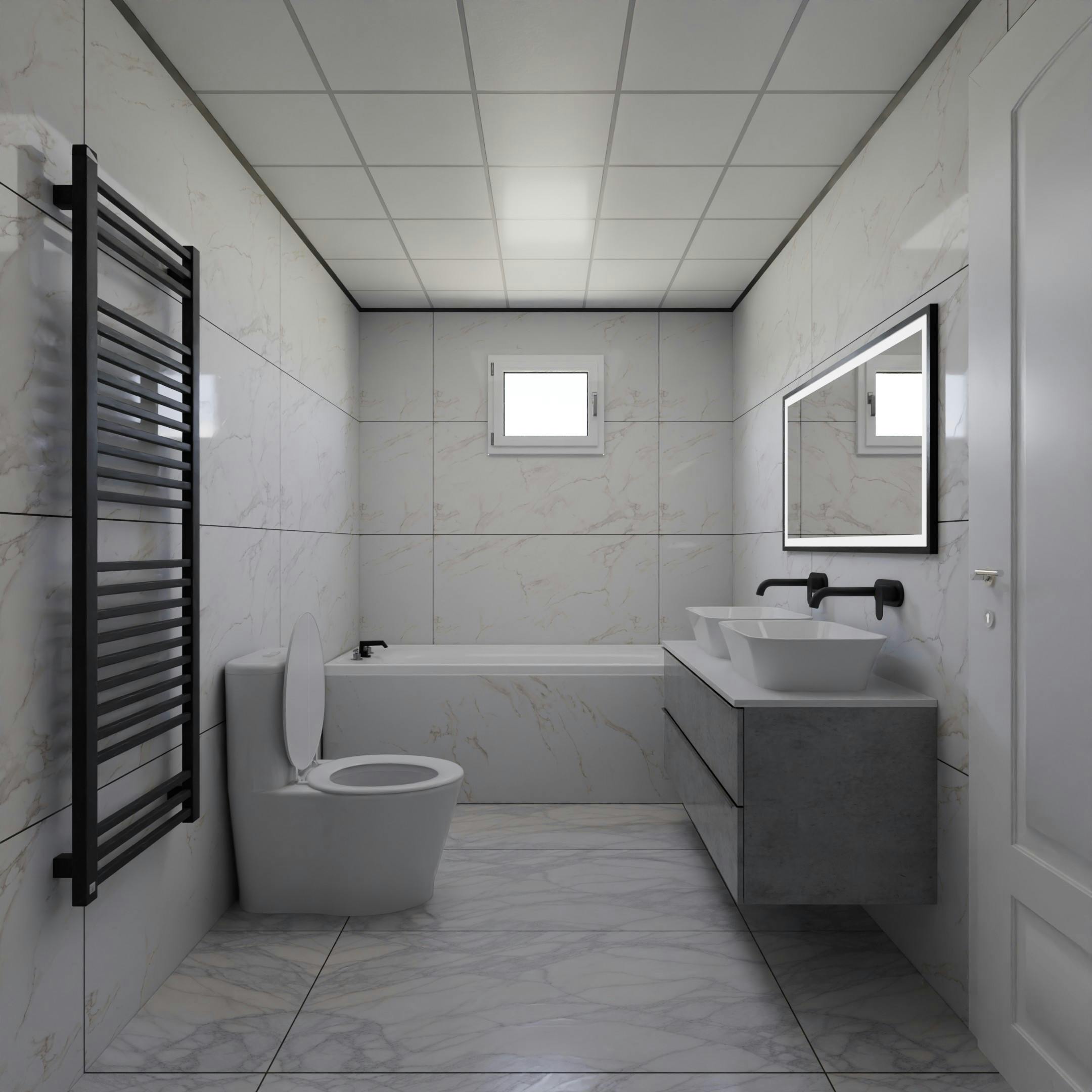 Contemporary bathroom with elegant fixtures and marble tiles in Cluj-Napoca, Romania.